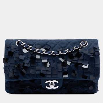 مملوكة مسبقًا Chanel Blue Medium Classic Satin Paillette Embellished Double Flap
