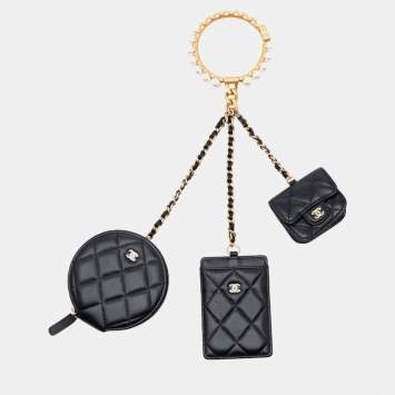 Pre Owned حقائب متعددة شانيل CC تاج لؤلؤي جلد خروف مبطن أسود رباط معصم