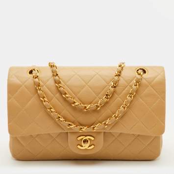 Pre Owned حقيبة بقلاّب مزدوج شانيل كلاسيك جلد مبطن بيج متوسطة