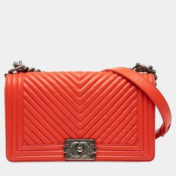 مملوكة مسبقًا Chanel V-Stitch Coco Mark Boy Chain Shoulder Bag Orange Lambskin