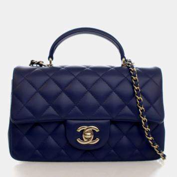 Pre Owned حقيبة شانيل كلاسيكية رفرف بمقبض علوي مستطيلة جلد خروف صغيرة