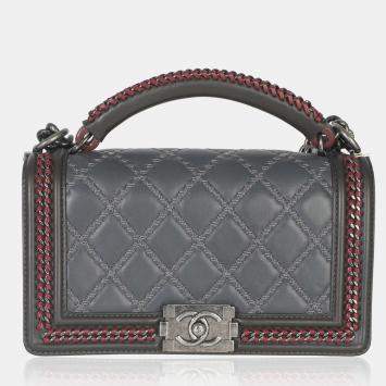 Pre Owned حقيبة شانييل بوي مزودة بمقبض علوي سلسلة متداخلة جلد عجل مبطن رمادي