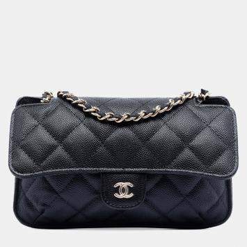 Pre Owned حقيبة شانيل شوبينغ قابلة للطي سوداء نايلون غرافيتي في كافيار فلاب