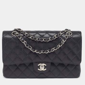 Pre Owned حقيبة شانيل كلاسيك جلد كافيار بنفسجي مبطن متوسطة بقلاب مزدوج