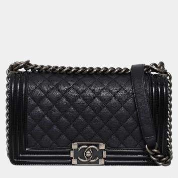 Pre Owned حقيبة شانيال جلد العجل وبراءات الاختراع جلد قديمة وسط بوي