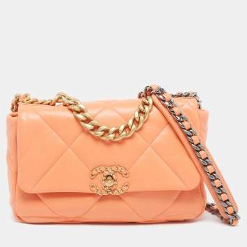 Pre Owned Chanel 19 Small Orange Quilted Leather Flap Bag