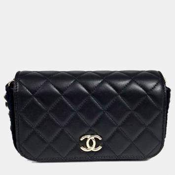 Pre Owned حقيبة كروس بودي بشنطة سلسلة جلد أسود شانيل