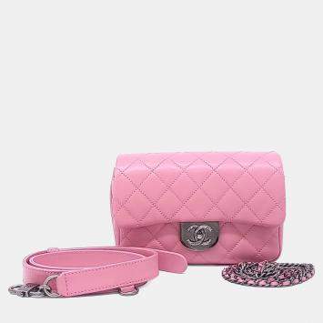 Pre Owned Chanel Pink Leather Double Carry Waist Flap Bag