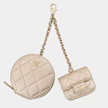 Pre Owned Chanel Matelasse Years Gift Coin Purse Airpods Case Gold Lambskin
