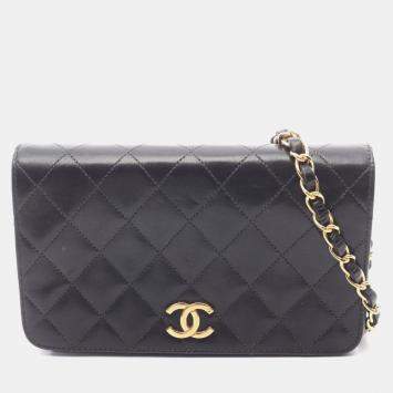 Pre Owned Chanel Mini Matelasse Full Flap Shoulder Bag In Lambskin Leather Black