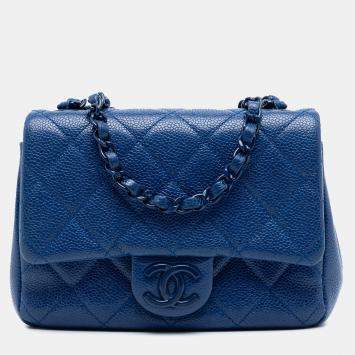 Pre Owned Chanel Blue Mini Square Quilted Caviar CC Incognito Single Flap