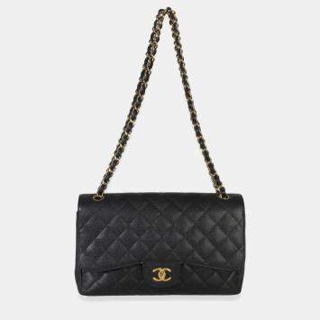 Pre Owned Chanel Classic Jumbo Black Quilted Caviar Leather Double Flap Shoulder Bag