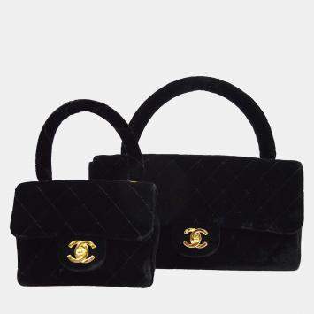Pre Owned Chanel Classic Single Flap Black Velvet Top Handle Bag