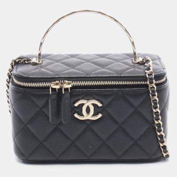 Pre Owned Chanel Coco Crush Metal Top Handle Vanity Case Small Black Quilted Caviar Leather Crossbody Bag