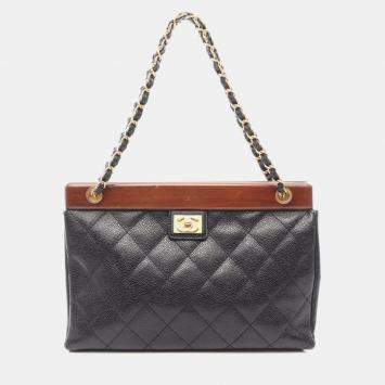 Pre Owned Chanel Matelasse Black Caviar Leather Wooden Bar Tote Bag