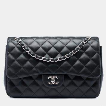 Pre Owned Chanel Classic Jumbo Black Lambskin Leather Double Flap Bag