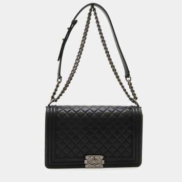 Pre Owned Chanel Boy Chanel Large Black Lambskin Leather Shoulder Bag