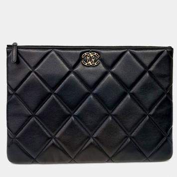 Pre Owned Chanel 19 Black Leather Clutch Large AP0952