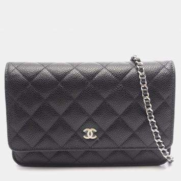 Pre Owned Chanel Classic Wallet on Chain Black Grained Calfskin Leather Crossbody Bag