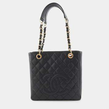 Pre Owned Chanel Petit Shopping Tote Black Caviar Leather Shoulder Bag