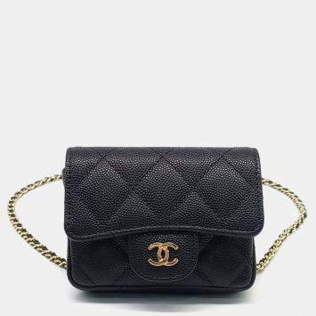 Pre Owned Chanel Classic Small Black Grained Calfskin Leather Chain Belt Bag