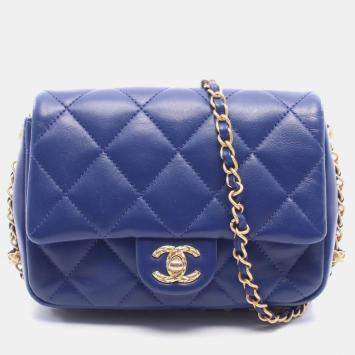 Pre Owned Chanel Classic Mini Square Blue Lambskin Shoulder Bag