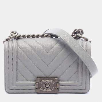 Pre Owned Chanel Boy Small Gray Grained Calfskin Leather Shoulder Bag