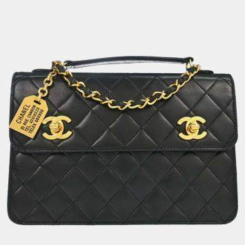 Pre Owned Chanel Vintage Double CC Turnlock Small Black Lambskin Leather Top Handle Bag