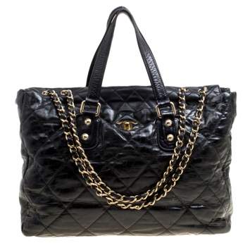 Pre Owned Chanel Black Quilted Glazed Leather Portobello Tote