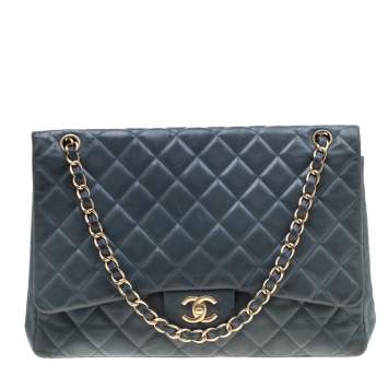 Pre Owned Chanel Blue Quilted Lambskin Leather Classic Maxi Single Flap Bag
