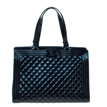 Pre Owned Chanel Navy Blue Quilted Leather Large Boy Shopper Tote
