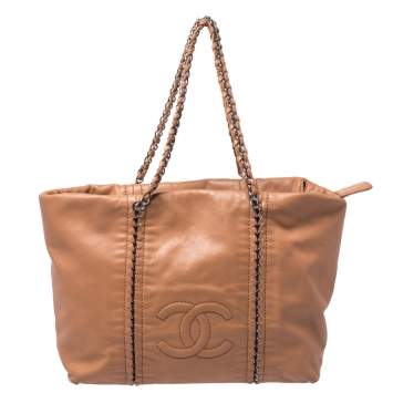 Pre Owned Chanel Tan Leather Medium Modern Chain Tote