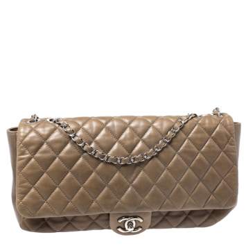 Pre Owned Chanel Khaki Brown Quilted Leather Maxi Classic Single Flap Bag with Rain Cover