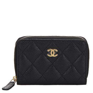 Pre Owned Chanel Black Quilted Caviar Leather Zip Around Coin Purse