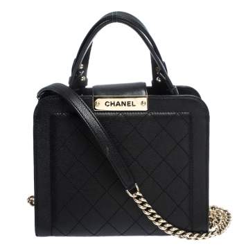 Pre Owned Chanel Black Quilted Leather Small Chain Tote