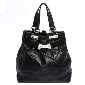 Pre Owned Chanel Black Quilted Leather Paris-Londres Door Latch Tote