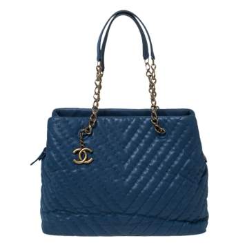 Pre Owned Chanel Blue Iridescent Chevron Leather Chain Bag