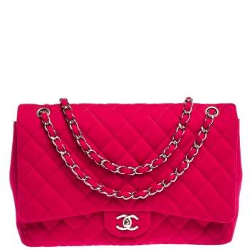 Pre Owned Chanel Magenta Quilted Jersey Maxi Classic Single Flap Bag