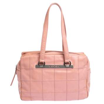 Pre Owned Chanel Pink Square Quilt Caviar Leather LAX Bowler Bag