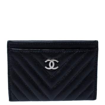 Pre Owned Chanel Black Chevron Leather Card Holder