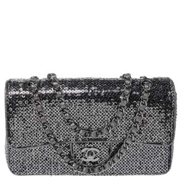 Pre Owned Chanel Silver/Black Sequins Medium Classic Single Flap Bag