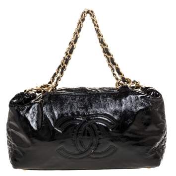 Pre Owned Chanel Black Patent Leather CC Chain Hobo Bag