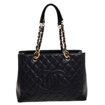 Pre Owned Chanel Black Quilted Caviar Leather Grand Shopping Tote