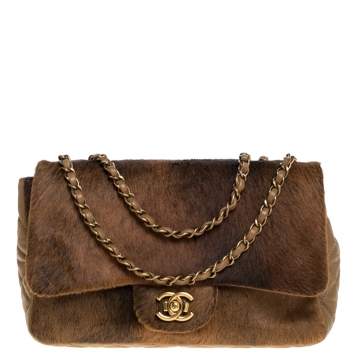 Pre Owned Chanel Brown Quilted Leather and Calfhair Single Flap Bag