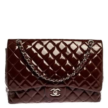 Pre Owned Chanel Burgundy Quilted Patent Leather Maxi Classic Single Flap Bag