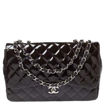 Pre Owned Chanel Purple Quilted Patent Leather Jumbo Classic Single Flap Bag