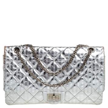 Pre Owned Chanel Silver Striped Quilted Leather Reissue 2.55 Classic 227 Flap Bag