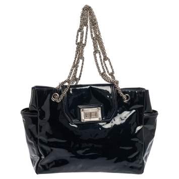 Pre Owned Chanel Dark Blue Patent Leather Giant Reissue Lock Chain Link Tote