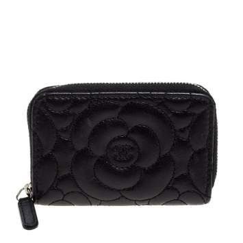 Pre Owned Chanel Black Camellia Embossed Leather Zip Around Coin Purse