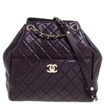 Pre Owned Chanel Plum Quilted Leather Timeless Classic Drawstring Bag